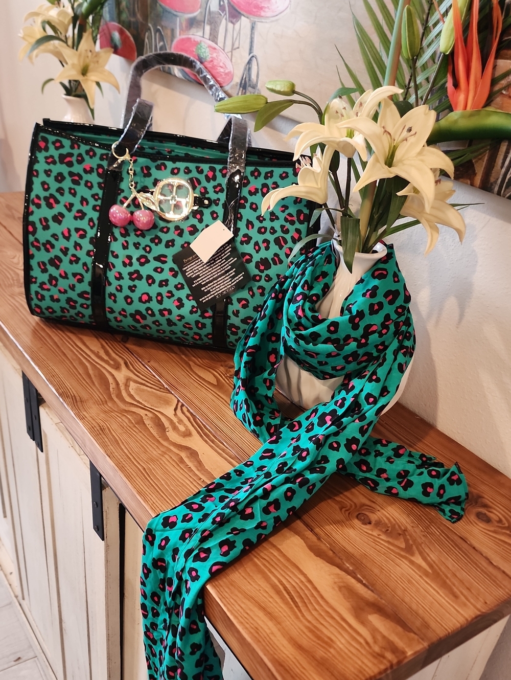 IMAN Teal Green Leopard Print Tote with Pink Accents and Matching Scarf